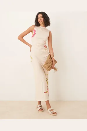 ASOS Sleeveless open back midi dress in cream with placement flowers