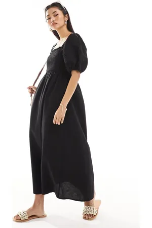 New Look Shirred broderie detail linen blend dress in black