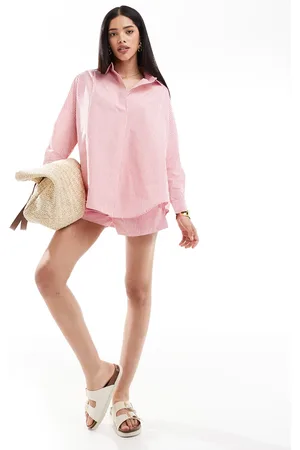 French Connection Stripe poplin popover shirt co-ord in pink and white