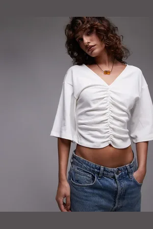 Topshop Ruched v-neck short sleeve top in ivory