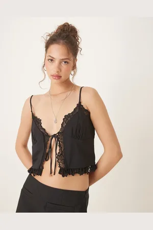 ASOS Slinky lace trim tie front top in