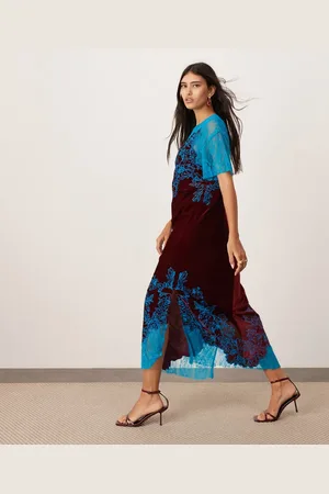ASOS Velvet lace applique embroidered column midi dress in burgundy