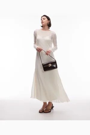 MANGO Mesh 2 in 1 midi dress with seam detail in ivory