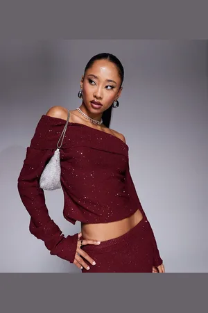 Kaiia Exclusive x Sasha Corte exclusive sequin bardot long sleeve knitted top co-ord in burgundy