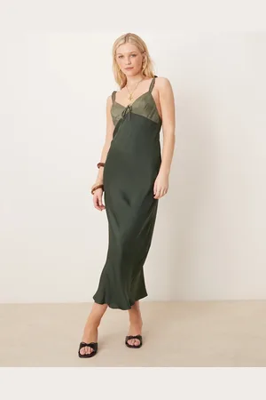 ASOS Contrast bust cup frill satin midi dress in green colour block