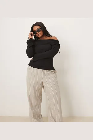 ASOS Curve linen look tailored tie waist pull on trouser in taupe stripe