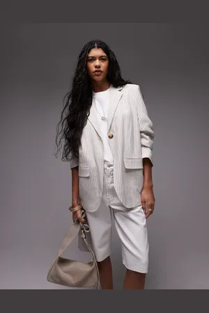 Topshop Co ord linen one button blazer in cream pinstripe