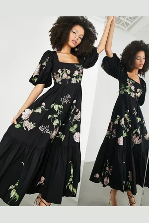 ASOS Wild rose embroidered waisted puff sleeve midi dress in