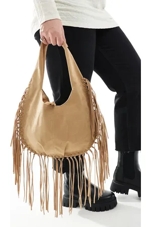Glamorous Boho fringed shoulder bag in beige faux suede