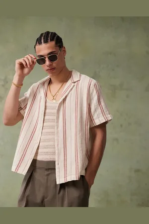 ASOS Boxy deep revere shirt in neutral stripe