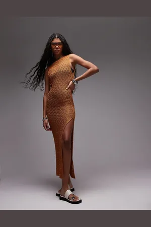 Topshop Knitted stitchy open back sleeveless dress with sequins in rust