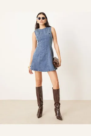 Abercrombie & Fitch High neck fit & flare panelled mini dress in indigo wash