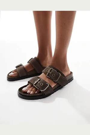 Stradivarius Double strap flat leather sandal in dark