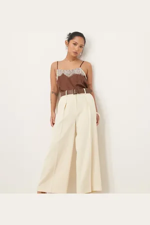 ASOS Petite tailored ankle grazer trousers with PU belt in cream