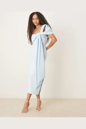 ASOS Scuba off shoulder bow detail midi dress in light
