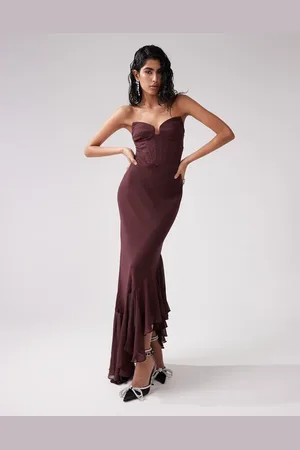 ASOS Corset detail maxi dress with asymmetric ruffle hem in burgundy