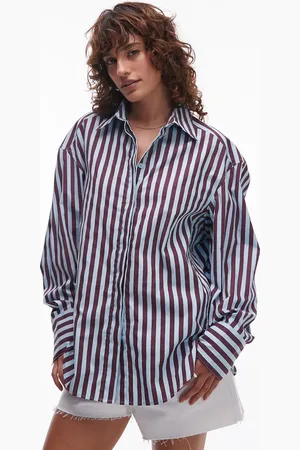 Topshop Poplin super oversized longline shirt in pale blue and burgundy stripe
