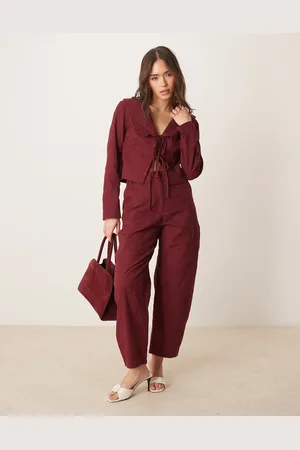 ASOS Tailored arch leg embroidered trousers co-ord in dark cherry