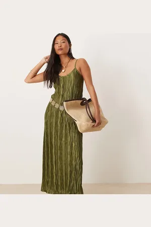 VILA Plisse cami maxi slip dress in olive