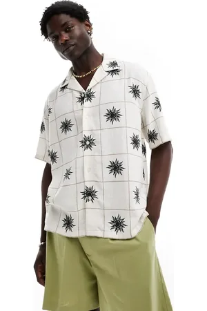 Abercrombie & Fitch Square embroided linen blend short sleeve shirt relaxed fit in
