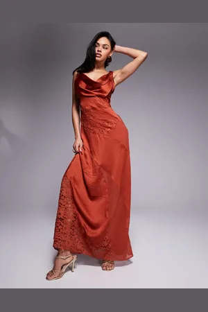 ASOS Cowl neck satin maxi dress with lace panelling in rust