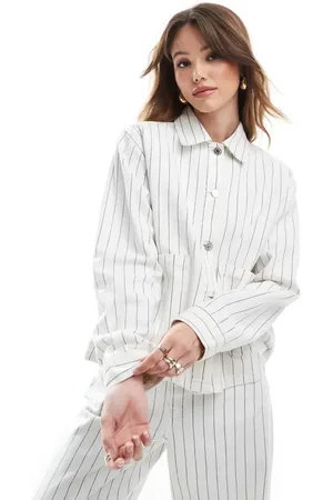 Pull&Bear Oversized denim jacket in co-ord pinstripe