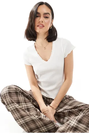 ASOS Waffle v neck t-shirt with overlock trim in cream