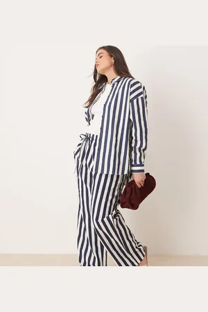 ASOS Curve linen look pull on trouser in navy stripe co-ord