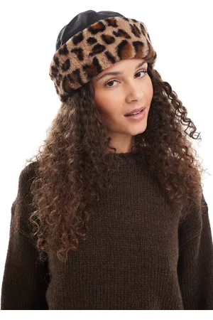 Monki Faux fur nylon short hat in leopard print