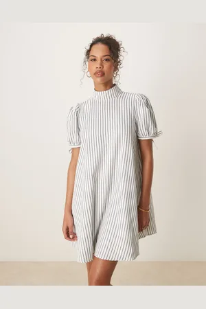 Glamorous High neck mini smock dress in white and stripe