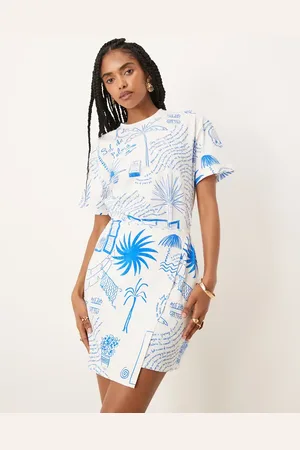 Never Fully Dressed Tie waist palm print mini dress in cream
