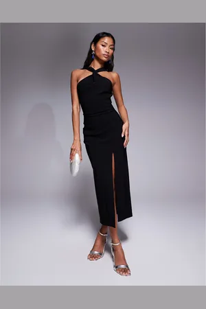 Vesper Bengaline twist front halter neck side split midaxi dress in
