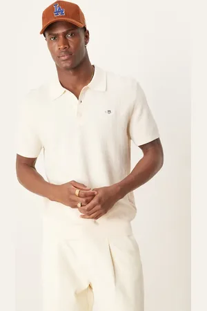 GANT Shield logo short sleeve micro textured knit cotton polo in cream