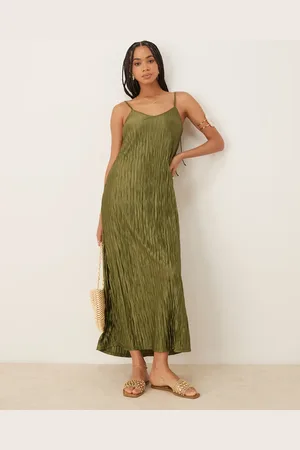 VILA Plisse cami maxi slip dress in olive