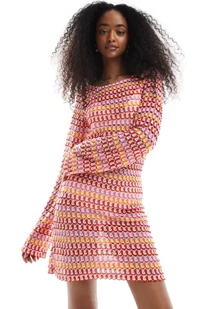 Pieces® Crochet long sleeve mini dress in and orange stripe