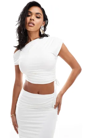 Kaiia Exclusive double layered slinky ruched off shoulder drawstring top co-ord in