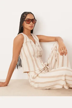 VILA Mix and match linen touch waistcoat in cream & tan stripe
