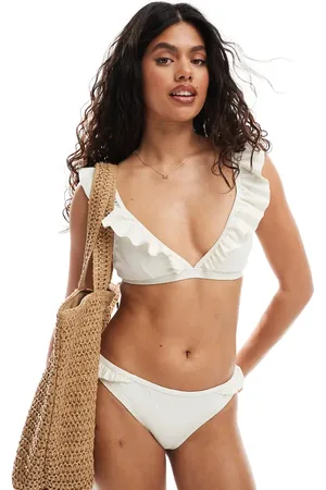 Pieces® Jaquard flower detail ruffle bikini top co-ord in cream