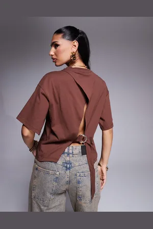ASOS Boxy oversize tee with hardware d ring cinch back detail in chocolate