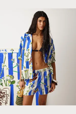 Topshop Co-ord linen resort shirt in visual blue conversational print