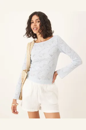 Gina Tricot Sheer structured long sleeve lace jersey top with fluted sleeves in light