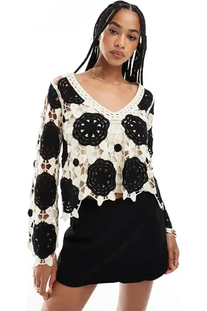 Object Premium long sleeve crochet top in monochrome