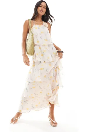 Pieces® Ruffle tiered maxi dress with corsage detail in pale floral print