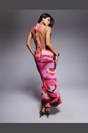 ASOS High neck cowl back printed midi dress in pink swirl print