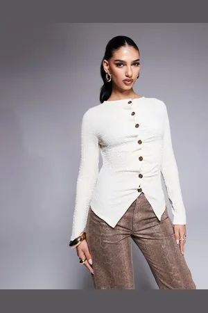 ASOS Textured button through long sleeve t-shirt in cream