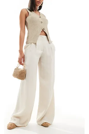 Pull&Bear Lightweight rustic tailored wide leg trouser in ecru