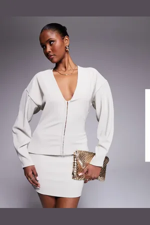 ASOS Co-ord ribbed balloon sleeve structured top in stone