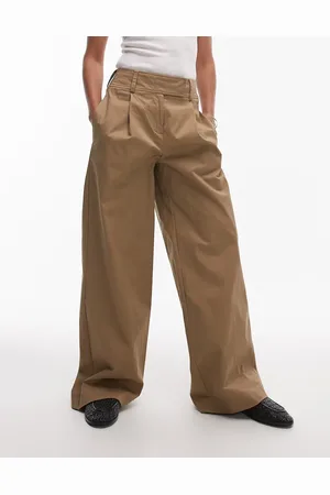 Topshop Pleated wide leg tailored high waisted chino style trouser in sand