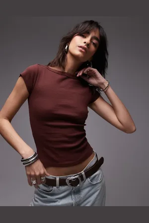 Topshop Jersey slash neck cap sleeve top in burgundy