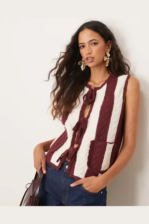 Neon Rose Cable striped waistcoat in cream and burgundy